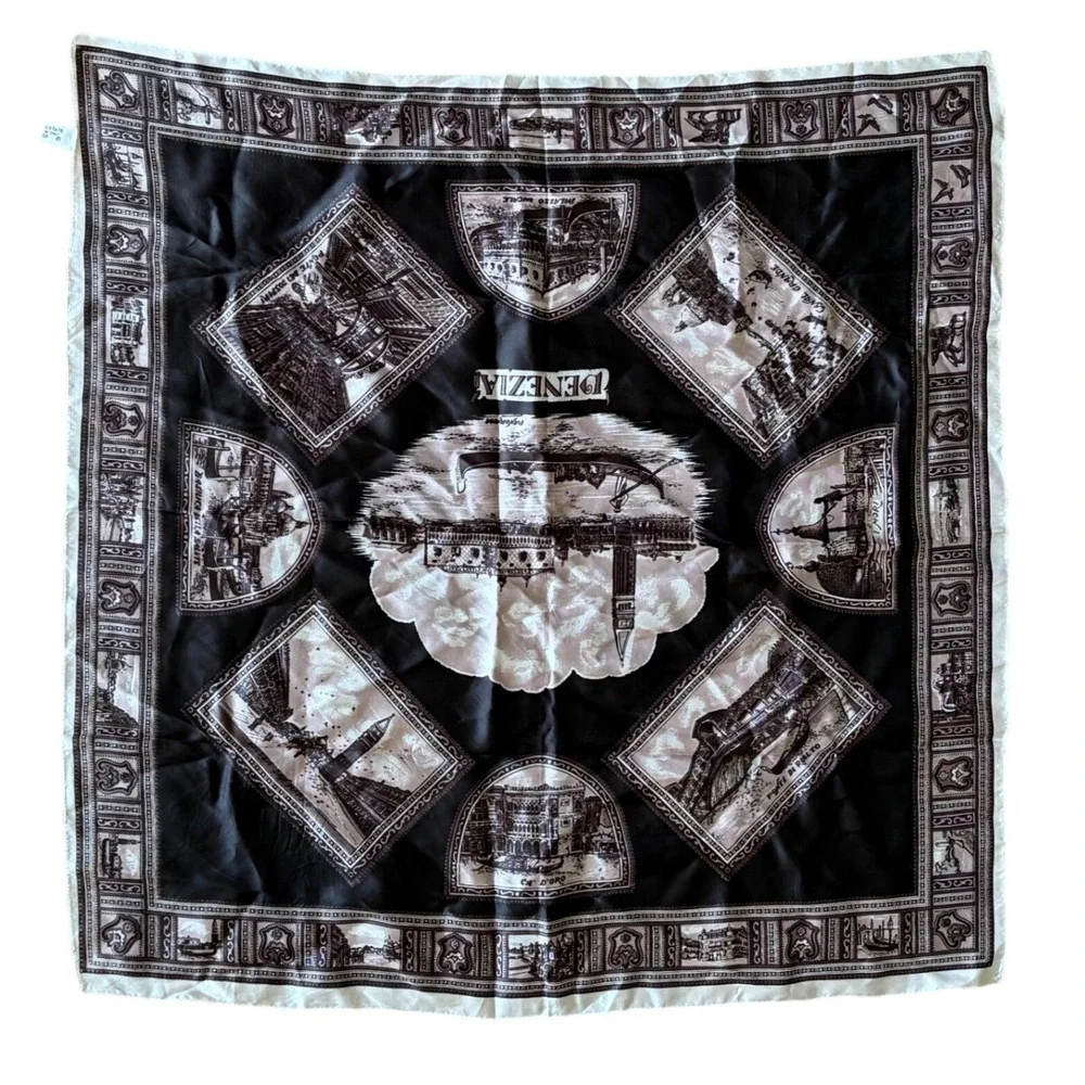 Vintage Venezia Venice Italy Souvenir Scarf Black White Acetate Square 27x27